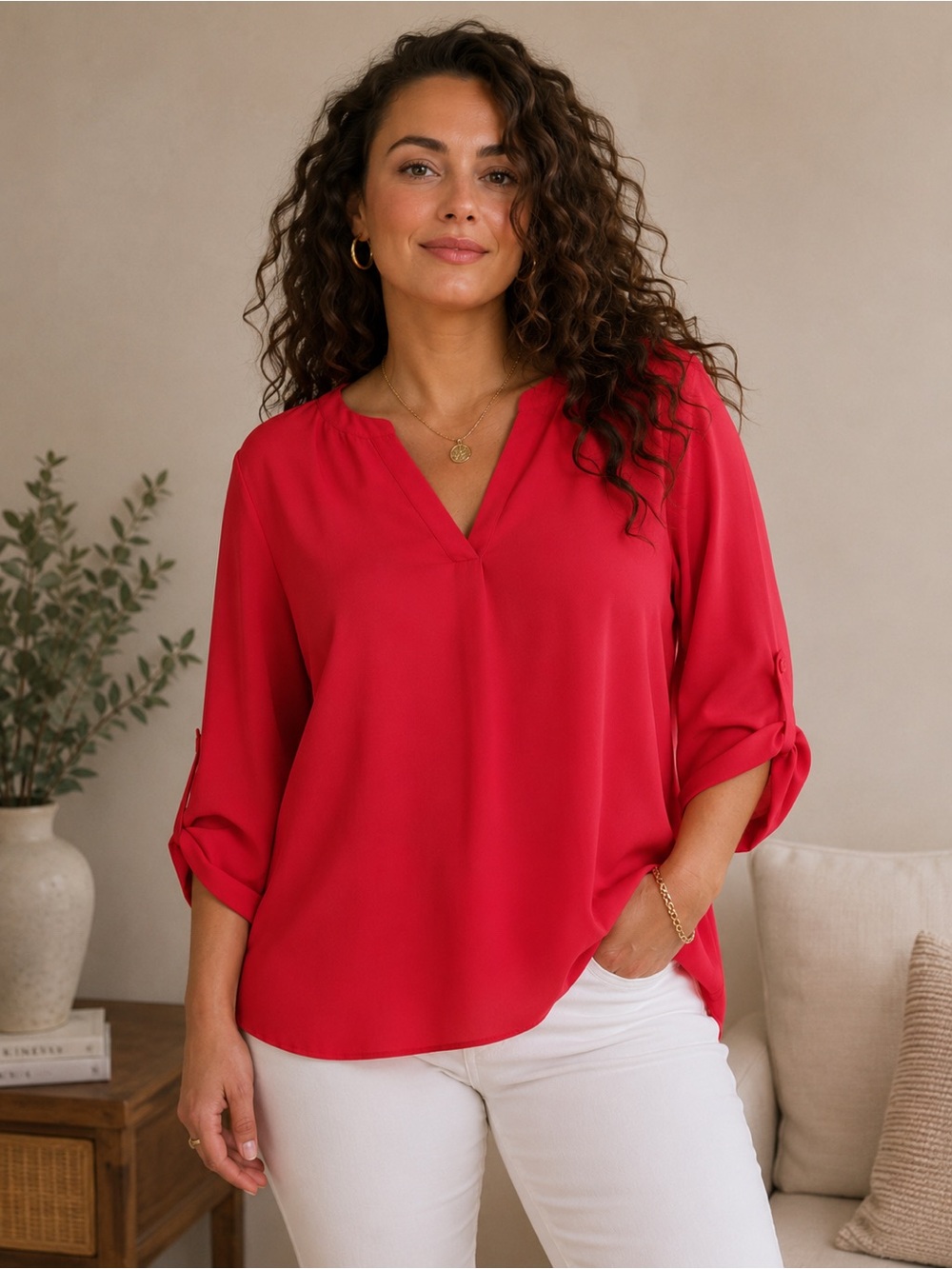 CHAUS New York 2X Red V-Neck Roll Tab Sleeve High Low Blouse Plus Classic EUC